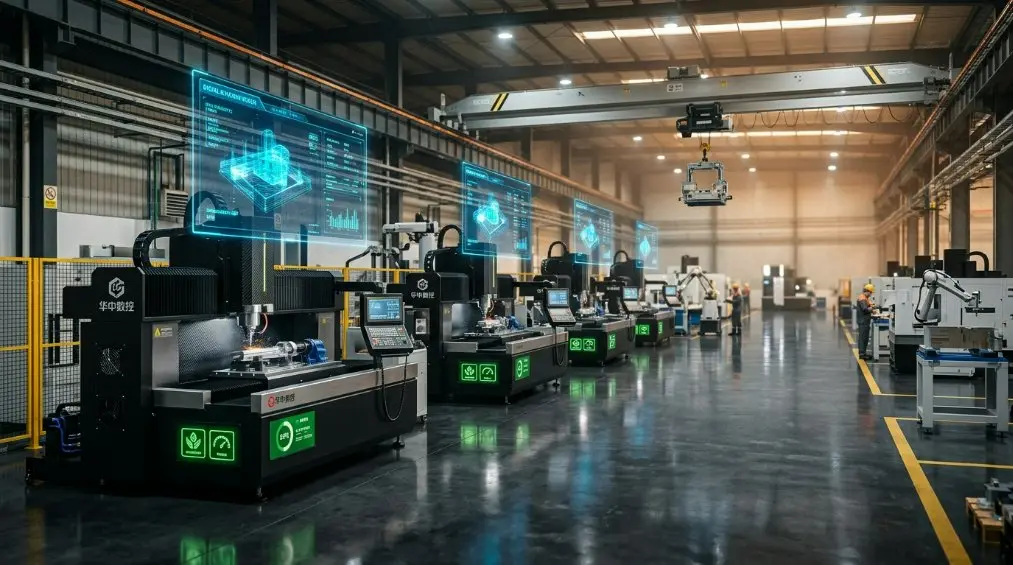 A futuristic automated CNC machining floor in China with holographic digital twin displays and green energy indicators